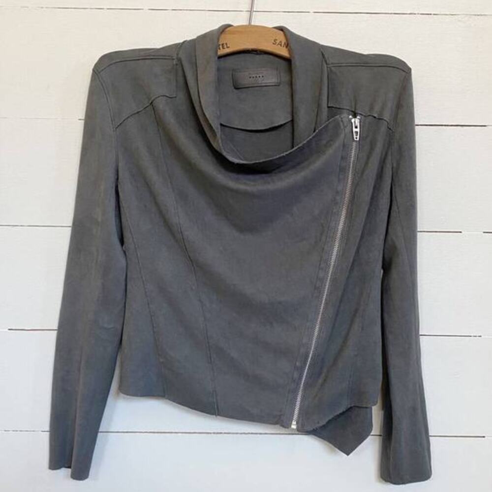 BLANKNYC Drape Front Faux Suede Asymmetrical Zip Jacket Grey‎ XS - Picture 2 of 14